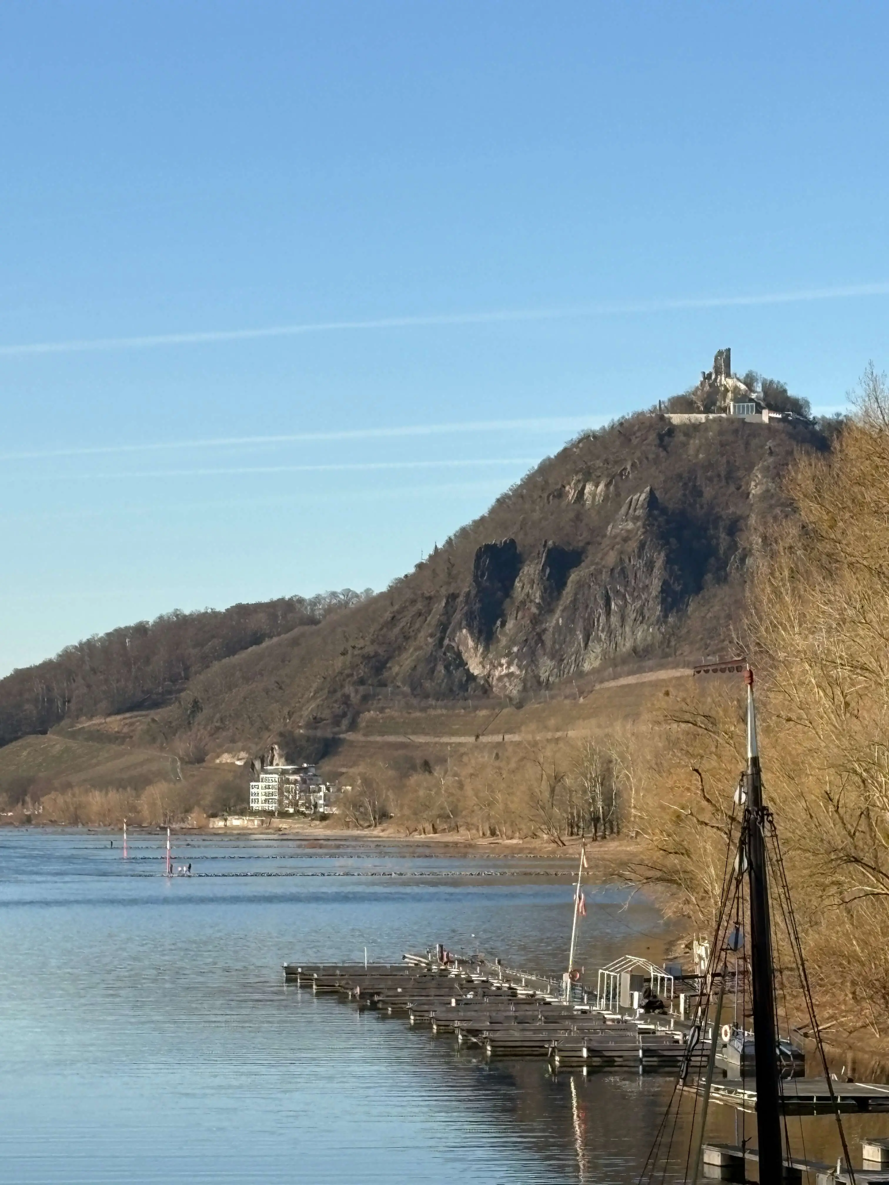 Aussicht auf Weinberge und Felsen auf einer Wanderroute im Siebengebirge, Rheinsteig, Drachenfels